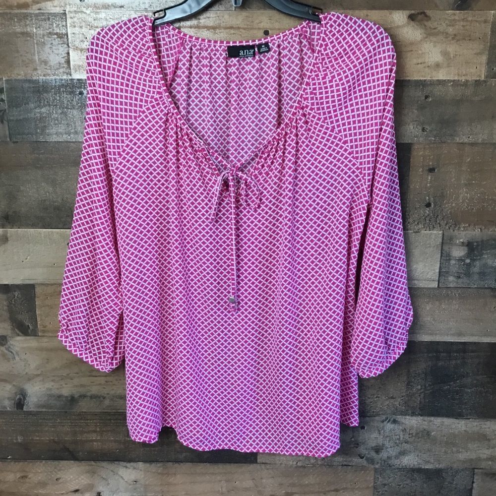 a.n.a. Blouse Tunic Pink White Print Tie Front 3/4 Length Sleeves Medium - Picture 8 of 11